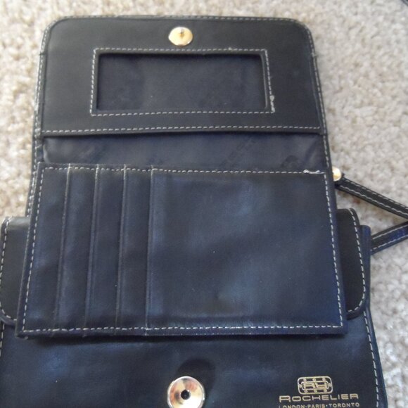 Rochelier Wallet Genuine Leather Straplet Black Card Holder Change Pocket Zipper - Picture 8 of 15